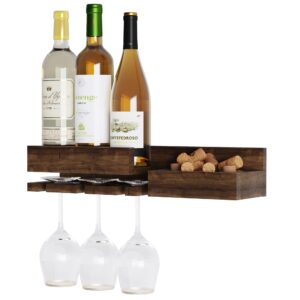 Rustic State Semillon Wall Mounted Wine Rack and Cork Storage Holder Shelf Organizer with 3 Stemware and 3 Bottle Capacity - Home, Kitchen, Dining Room Bar Décor - Walnut