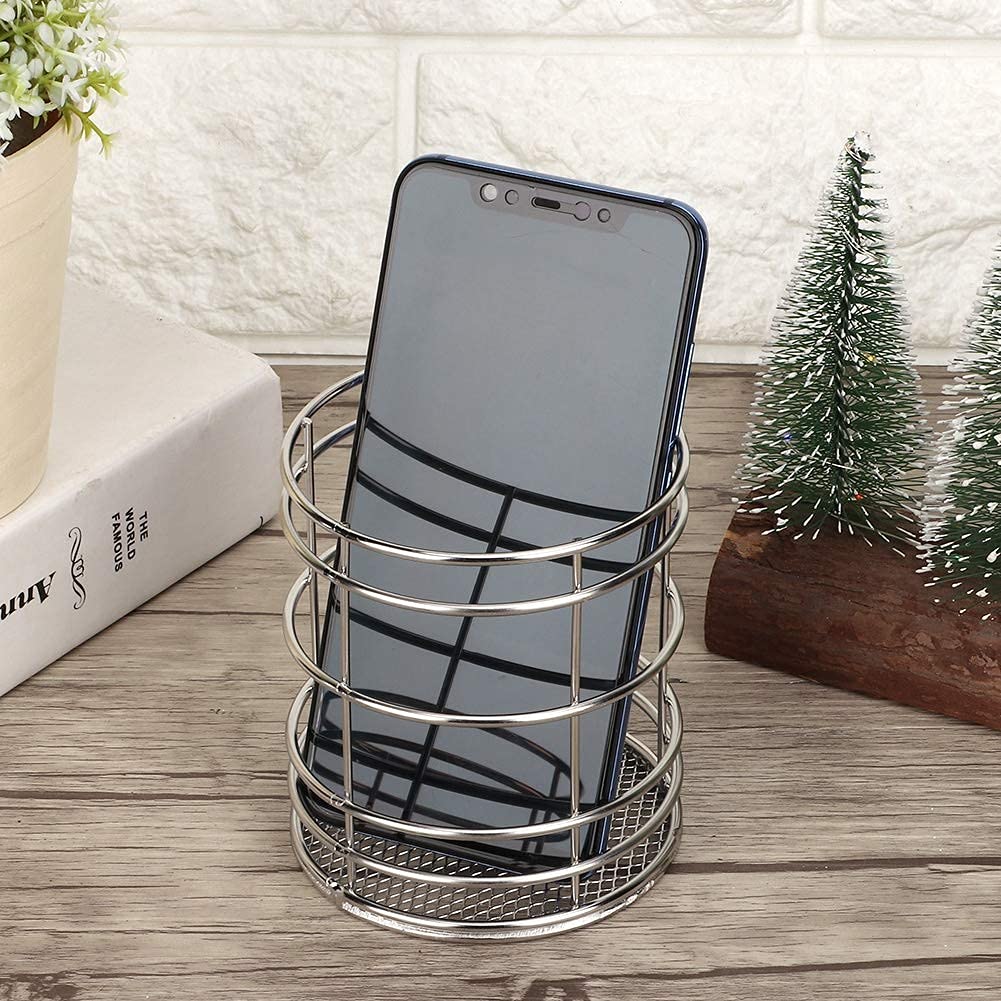 AUNMAS Desktop Pencil Holder, Stainless Steel Hollow Round Makeup Cup Basket Chopsticks Storage Stand Knife Forks Holder Organizer Container, Multifunctional Household Tool, Sliver