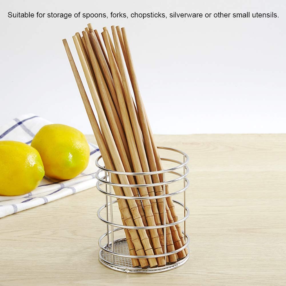 AUNMAS Desktop Pencil Holder, Stainless Steel Hollow Round Makeup Cup Basket Chopsticks Storage Stand Knife Forks Holder Organizer Container, Multifunctional Household Tool, Sliver