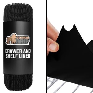gorilla grip drawer liner and wire shelf liners set of 4, drawer liner size 12 in x 20 ft in black, non adhesive, wire shelf liner size 14x36 in black, waterproof hard plastic, 2 item bundle