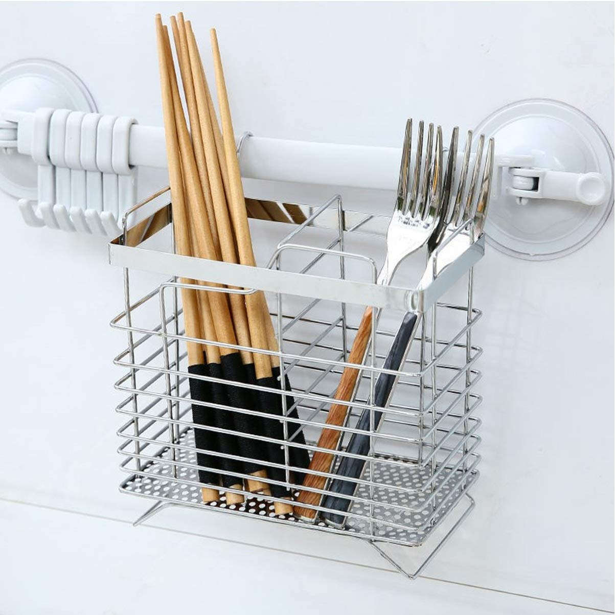 SHERCHPRY Utensil Holder Drying Rack Flatware Storage Basket 2 Divided Stainless Steel Cutlery Silverware Organizer Draining with Hooks for Chopstick Spoon Fork