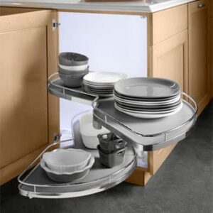 lemans ii set 2-shelf lazy susan with soft-close for blind base corner cabinets, chrome and gray (884 sq. model 50, tray size: 18", swings right)