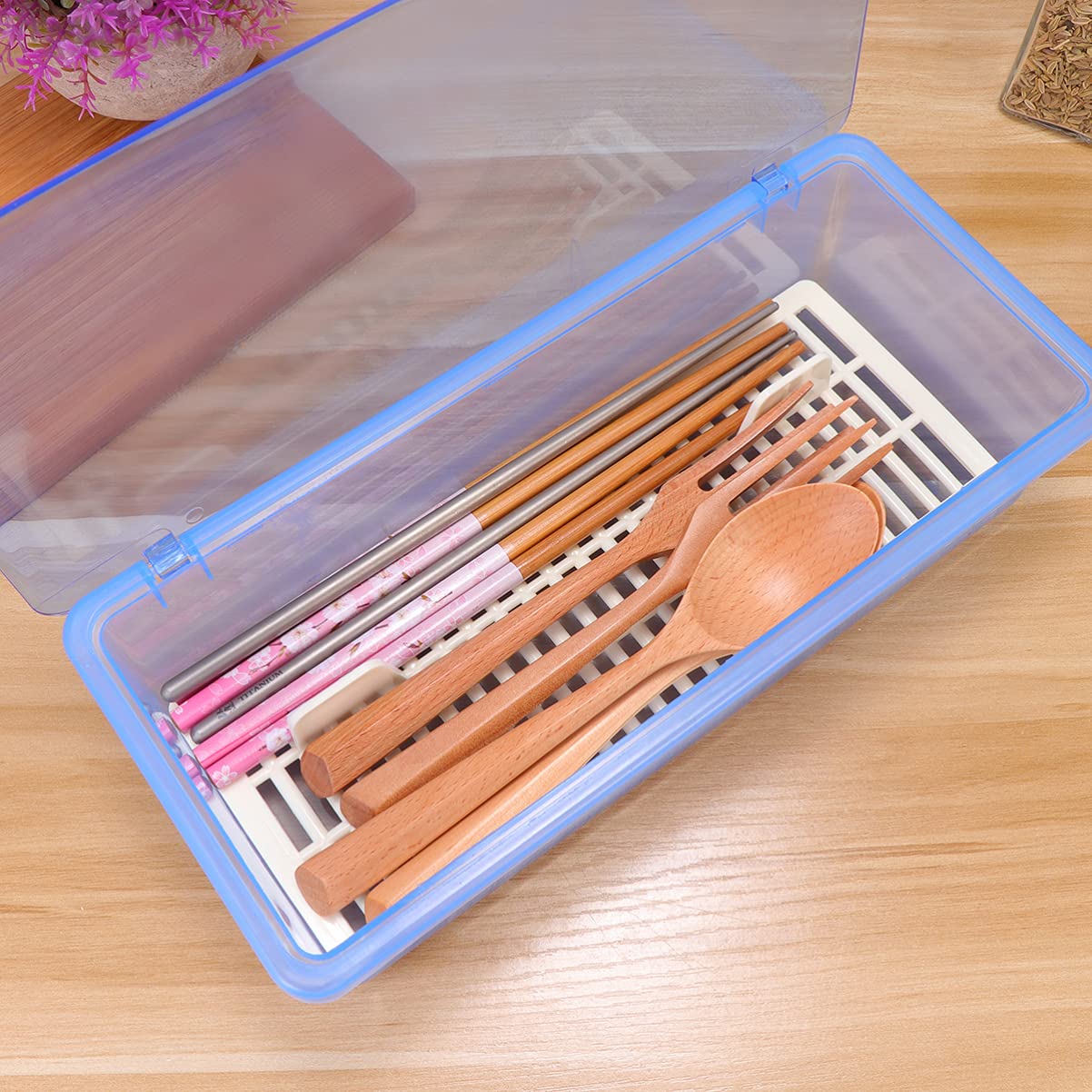 UPKOCH Flatware Tray with Lid Kitchen Cutlery Organizer Drainer Box Plastic Utensil Storage Container Silverware Dinnerware Holder for Countertop Blue