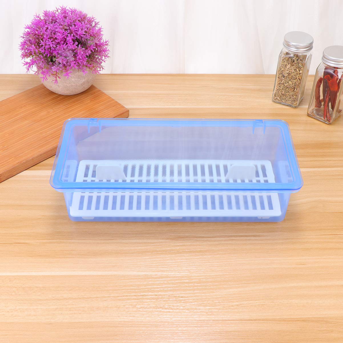 UPKOCH Flatware Tray with Lid Kitchen Cutlery Organizer Drainer Box Plastic Utensil Storage Container Silverware Dinnerware Holder for Countertop Blue