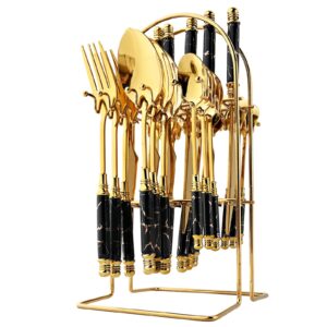 briiec 24pcs creative imitation ceramics handle flatware set black gold hanging cutlery stainless steel tableware silverware with stand/holder/rack. knives forks spoon for home kitchen