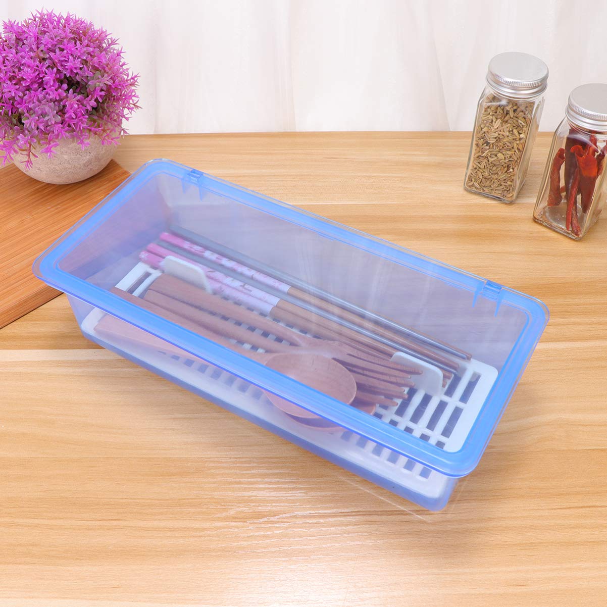 Gatuida Flatware Tray Kitchen Drawer Organizer With Lid And Drainer, Plastic Kitchen Cutlery Tray and Utensil Storage Container with Cover,- proof Dinnerware Holder