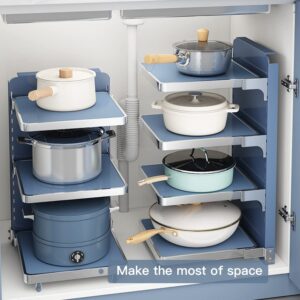 TINTON LIFE Pots and Pans Organizer Rack for Cabinet Adjustable 2 Tier Pan Rack Heavy Duty Metal Pots Organizer Holder Under Sink Cookware Organizer for Kitchen Organization and Storage