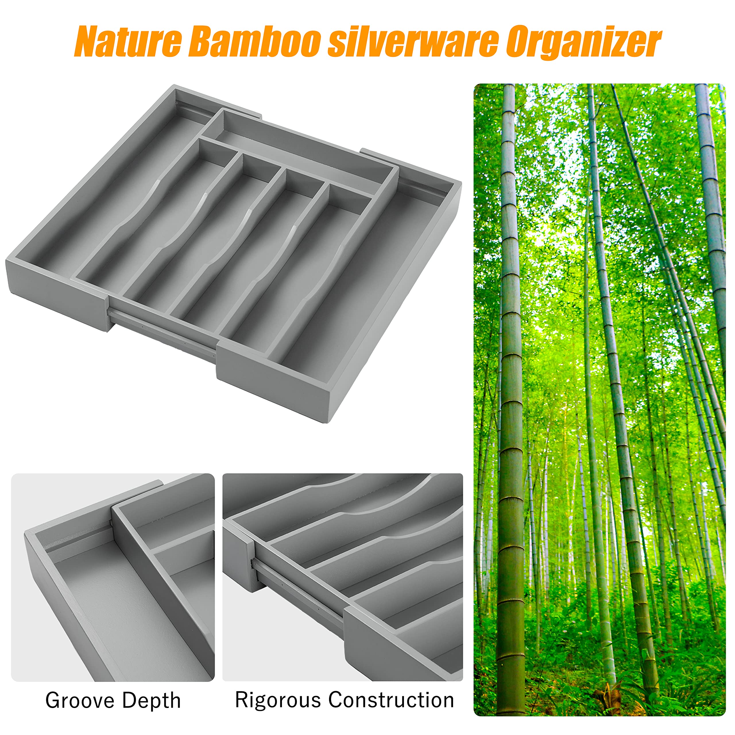 Bellsal Grey Silverware Organizer 2 PIECE Kitchen Drawer Organizer Expandable Bamboo Utensil Holder Cutlery Tray