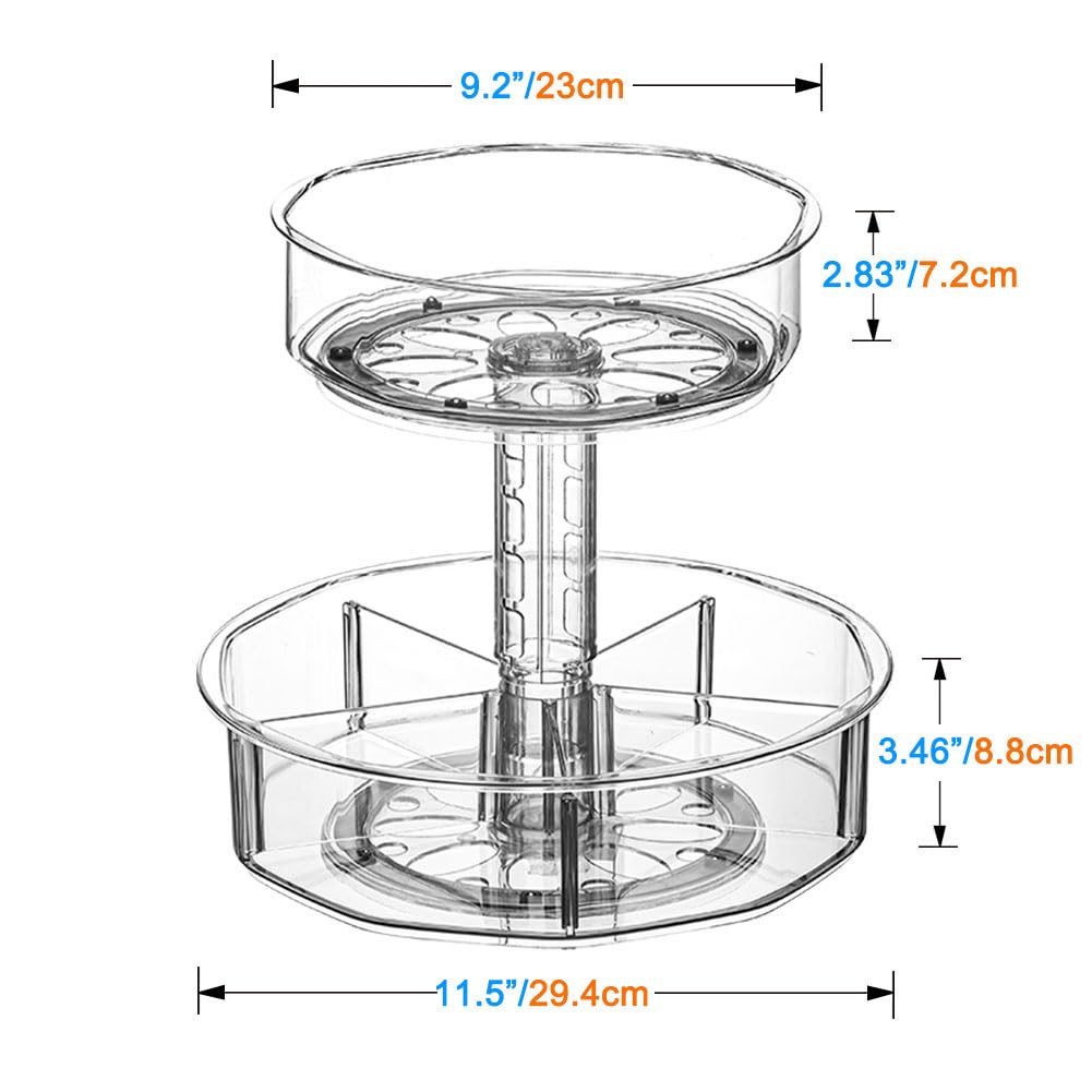 MOXOXKY 2 Tier Lazy Susan Organizer，11.5+9.2 inch Clear 360°Turntable Organizer, Lazy Susan Skin Care Organizer，Spice Rack Organizer for Cabinet for Kitchen, Pantry, Refrigerator, Table