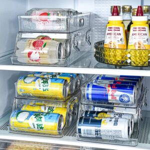 beverage can organizer for refrigerator, soda can dispenser for refrigerator double layer liftable and foldable soda can storage bin, automatic rolling plastic drink holder for fridge, pantry, cabinet