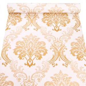 zamnea vintage gold damask self-adhesive liner paper, luxury peel and stick shelf liner for bedroom living room wall cabinets surface home office decoration 17.8 x 118 inch
