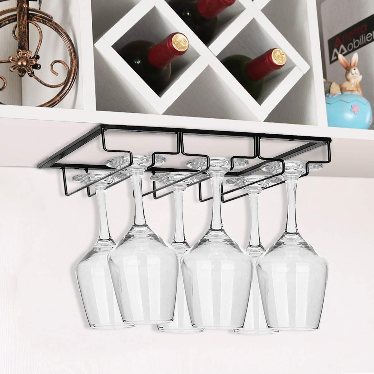 Wine Glass Rack - 3 Rows Under Cabinet Stemware Wine Glass Holder Glasses Storage Hanger Metal Organizer for Bar,Kitchen,Black (1 Pack)