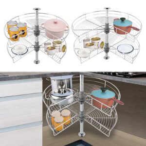 24/28'' 2 Tier Lazy Kitchen Base Cabinet Corner Organizer, 270° Rotating Kidney-Shaped Lazy Corner Cabinet Organizer Mounted, for Place Pots and Pans (Silver-28In)