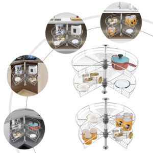 24/28'' 2 Tier Lazy Kitchen Base Cabinet Corner Organizer, 270° Rotating Kidney-Shaped Lazy Corner Cabinet Organizer Mounted, for Place Pots and Pans (Silver-28In)