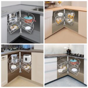 24/28'' 2 Tier Lazy Kitchen Base Cabinet Corner Organizer, 270° Rotating Kidney-Shaped Lazy Corner Cabinet Organizer Mounted, for Place Pots and Pans (Silver-28In)
