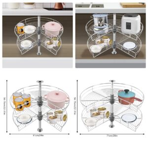 24/28'' 2 Tier Lazy Kitchen Base Cabinet Corner Organizer, 270° Rotating Kidney-Shaped Lazy Corner Cabinet Organizer Mounted, for Place Pots and Pans (Silver-28In)