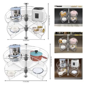 24/28'' 2 Tier Lazy Kitchen Base Cabinet Corner Organizer, 270° Rotating Kidney-Shaped Lazy Corner Cabinet Organizer Mounted, for Place Pots and Pans (Silver-28In)