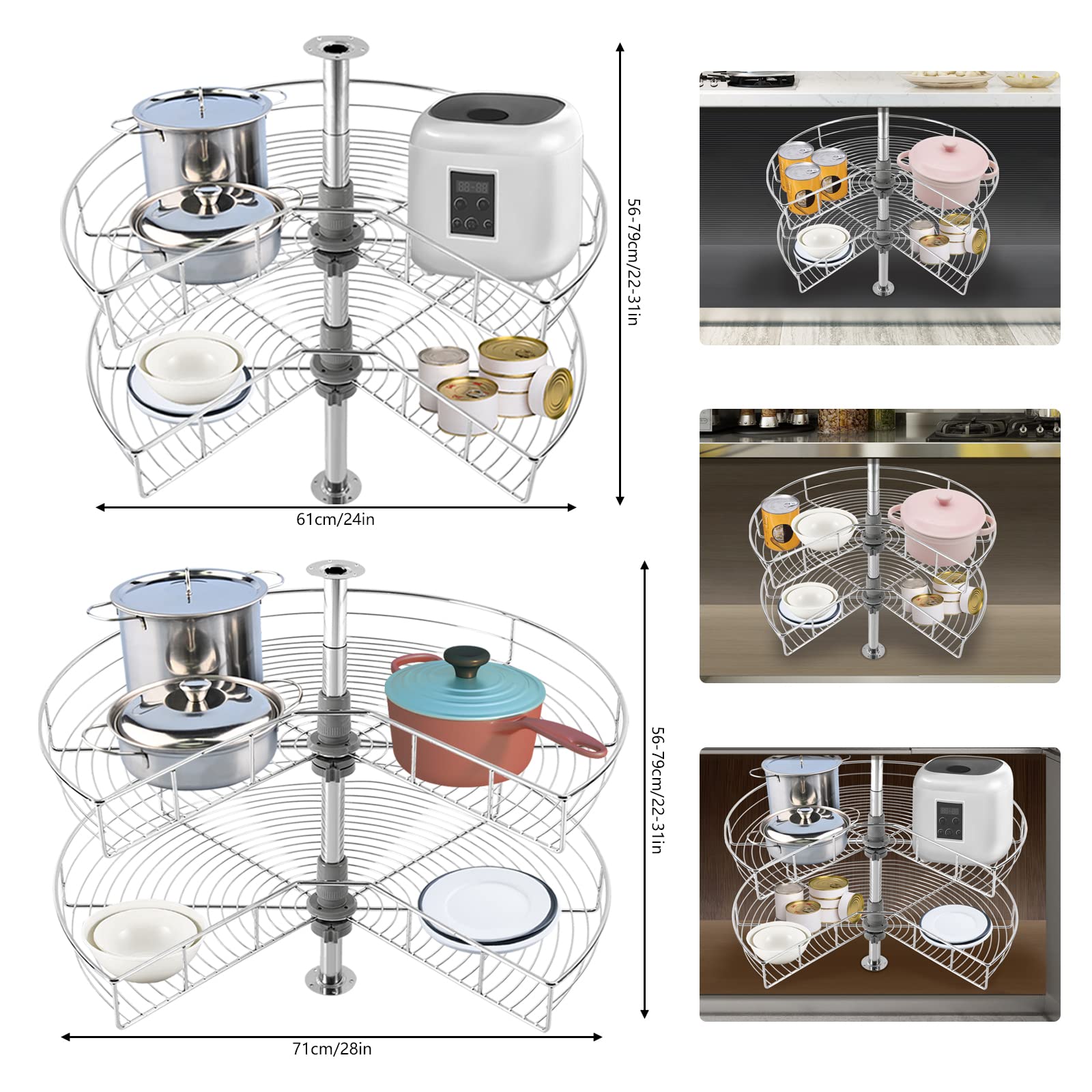 24/28'' 2 Tier Lazy Kitchen Base Cabinet Corner Organizer, 270° Rotating Kidney-Shaped Lazy Corner Cabinet Organizer Mounted, for Place Pots and Pans (Silver-28In)