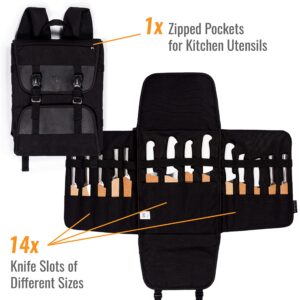 Under NY Sky Knife Bag - 14 Knife Slots, 1 Zipped Pocket for Kitchen Utensils, Large Pocket for Notebooks - Expandable - Sturdy Nylon Backpack (Black)