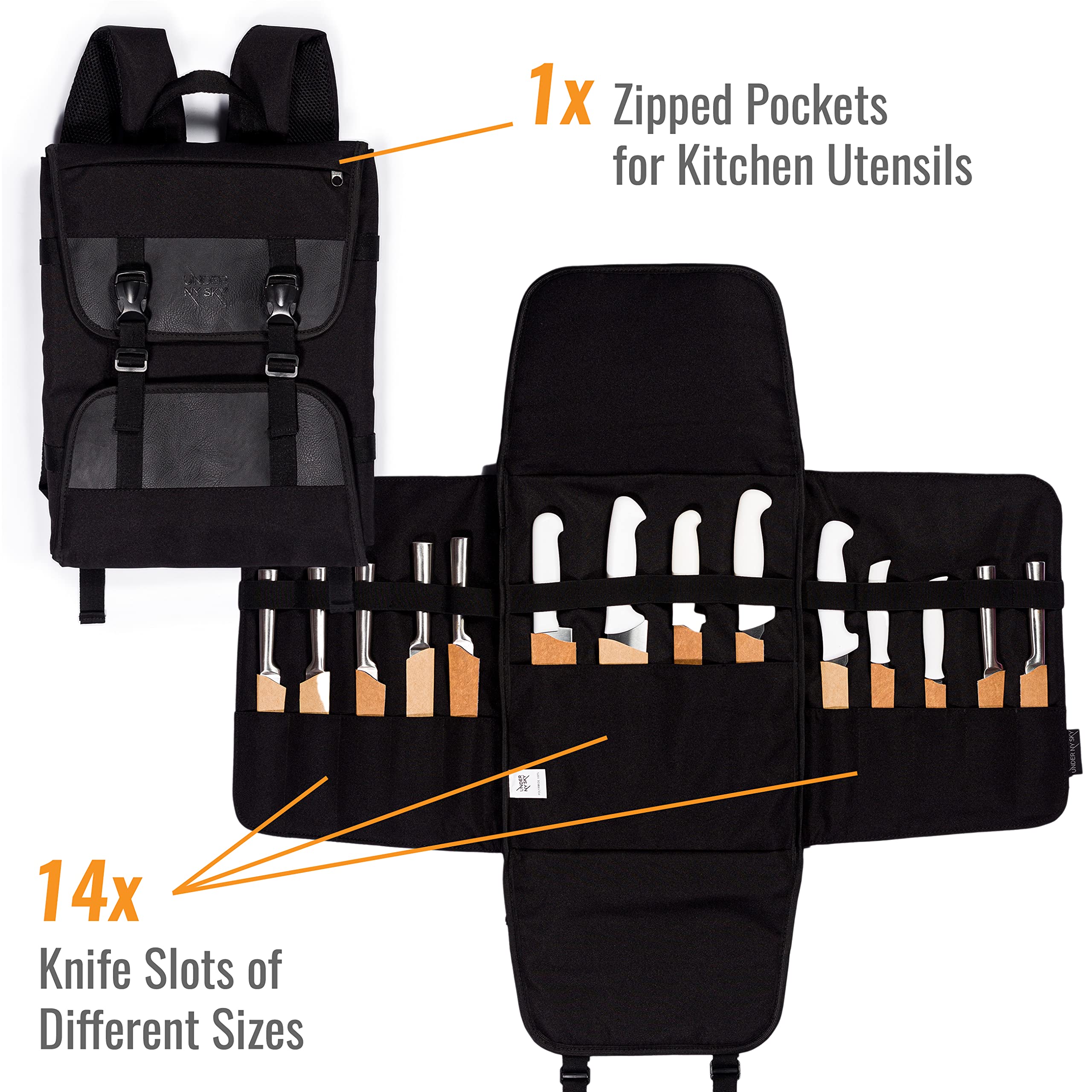 Under NY Sky Knife Bag - 14 Knife Slots, 1 Zipped Pocket for Kitchen Utensils, Large Pocket for Notebooks - Expandable - Sturdy Nylon Backpack (Black)