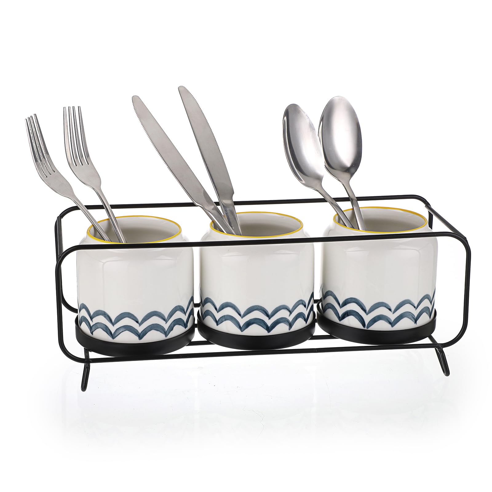 JUXYES Set of 3 Ceramic Flatware Holder for Countertop, Desktop Silverware Organizer Utensil Holder With Black Metal Rack, Flatware Caddy Cutlery Holder Silverware Organizer for Kitchen Dining Tables