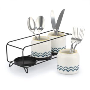 JUXYES Set of 3 Ceramic Flatware Holder for Countertop, Desktop Silverware Organizer Utensil Holder With Black Metal Rack, Flatware Caddy Cutlery Holder Silverware Organizer for Kitchen Dining Tables