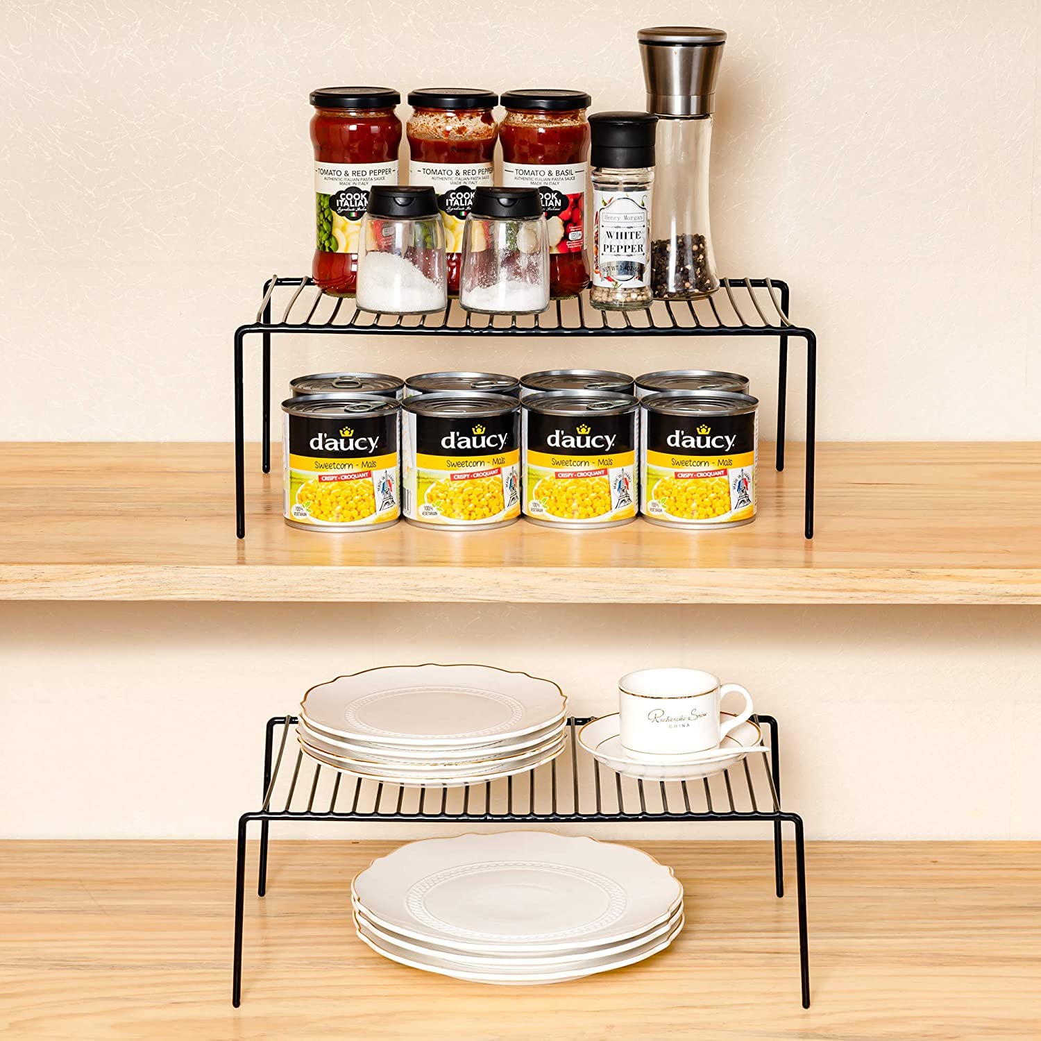 ARCCI Kitchen Cabinet Shelf Organizer Set of 3, Large (15.7 x 9.4 inch) Rustproof Metal Wire Pantry Storage Shelves, Dish Plate Racks for Cabinets, Freezer, Counter, Cupboard Organizers and Storage