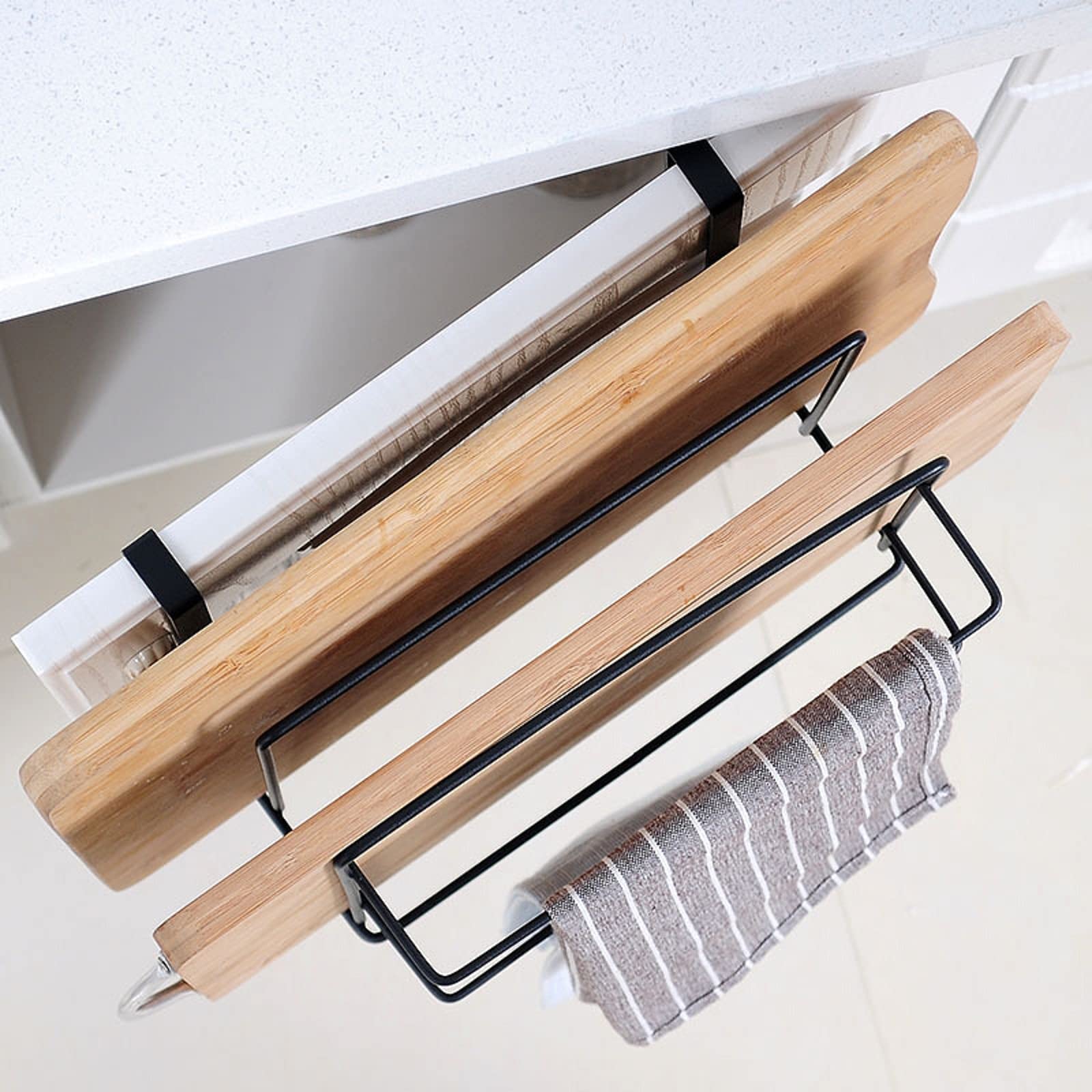 ASkinds Under Cabinet Cutting Board Rack Double Layer Pot Lid Organizer Wall Hanging Chopping Board Hanger Iron Towel Holder Storage Shelf(Black)