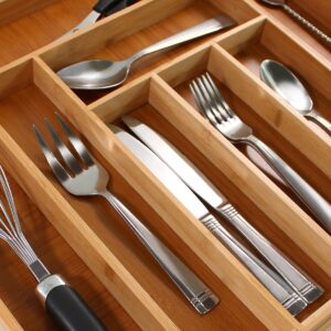 CAVEPOP Bamboo Silverware Kitchen Drawer Organizer, Expandable Kitchen Utensil/Cutlery Drawer Organizer, Adjustable Kitchen Drawer Dividers, Cutlery/Utensil Tray, Flatware Drawer Organizer