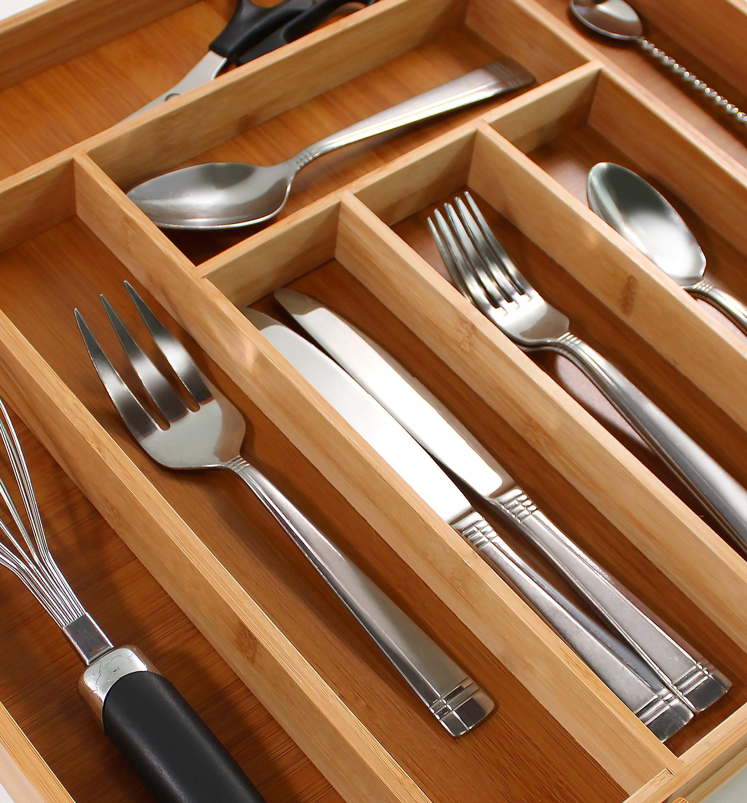 CAVEPOP Bamboo Silverware Kitchen Drawer Organizer, Expandable Kitchen Utensil/Cutlery Drawer Organizer, Adjustable Kitchen Drawer Dividers, Cutlery/Utensil Tray, Flatware Drawer Organizer