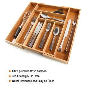 CAVEPOP Bamboo Silverware Kitchen Drawer Organizer, Expandable Kitchen Utensil/Cutlery Drawer Organizer, Adjustable Kitchen Drawer Dividers, Cutlery/Utensil Tray, Flatware Drawer Organizer