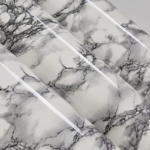 Self Adhesive Black White Gloss Marble Vinyl Shelf Liner Wall Paper for Kitchen Countertop Cabinets Backsplash Wall Crafts Projects (24 by 117 Inches)