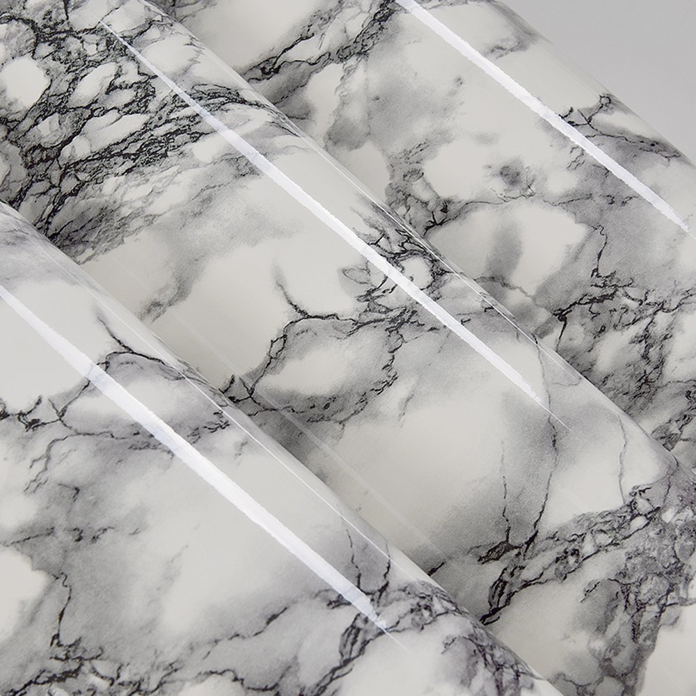Self Adhesive Black White Gloss Marble Vinyl Shelf Liner Wall Paper for Kitchen Countertop Cabinets Backsplash Wall Crafts Projects (24 by 117 Inches)