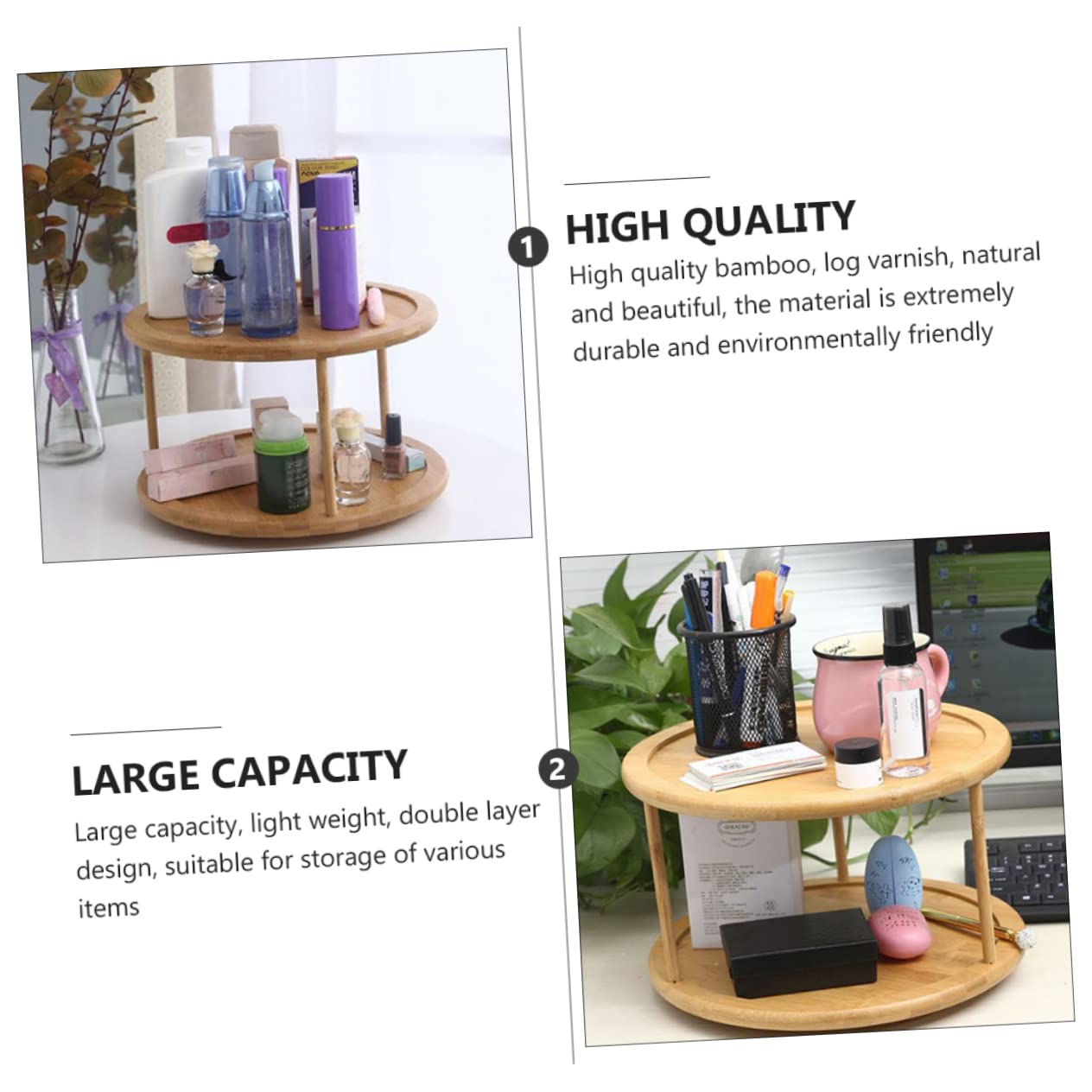 DOITOOL rotating storage rack shelving brackets rack organizer kitchen racks turntable cabinet organizer stand desk tray Double-layer Cosmetics Shelf wooden to rotate bamboo container