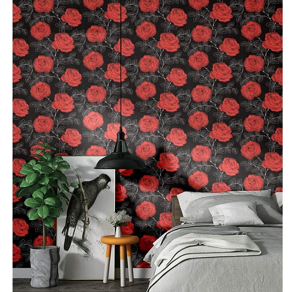 Yifasy Red Rose Shelf Liner Self-Adhesive Floral Drawer Paper Protect Furniture Wall Surface Decor Girls Makeup Box Wallpaper Roll 118x17.7 Inch