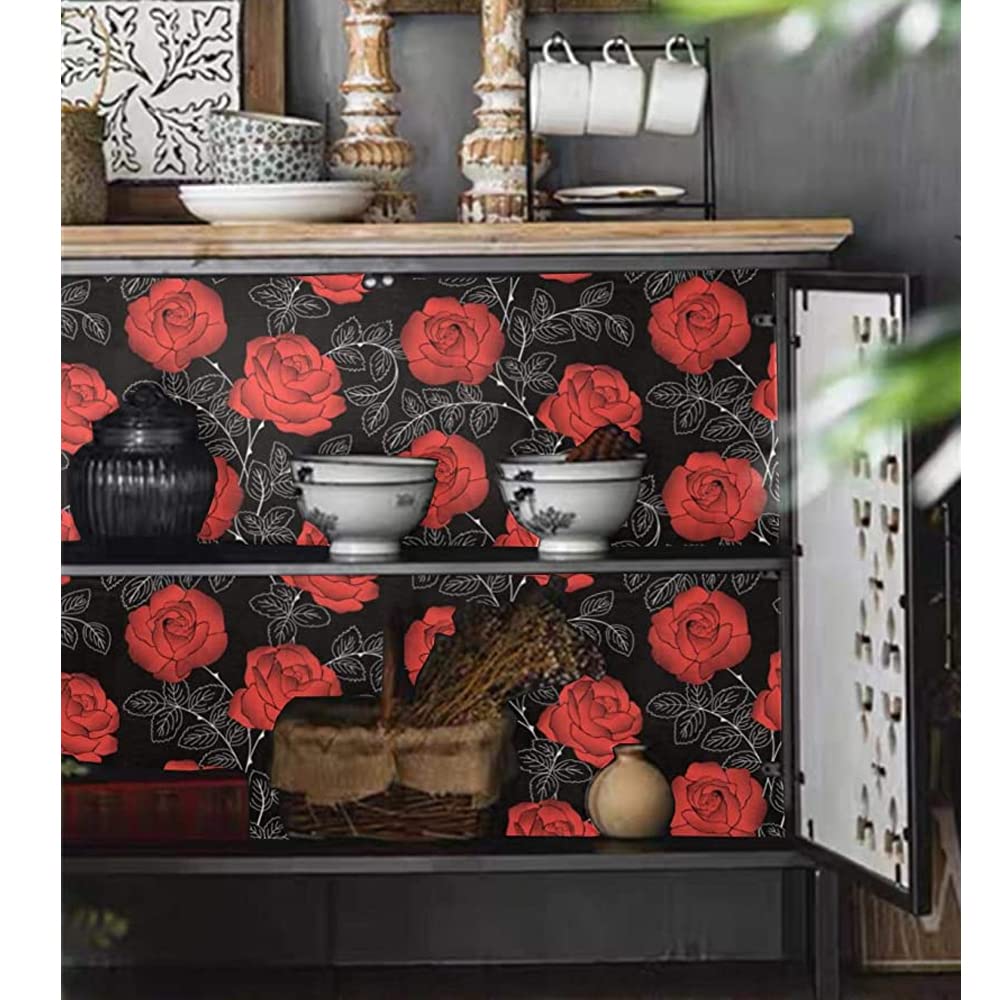 Yifasy Red Rose Shelf Liner Self-Adhesive Floral Drawer Paper Protect Furniture Wall Surface Decor Girls Makeup Box Wallpaper Roll 118x17.7 Inch