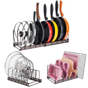 toplife adjustable 10+ pans organizer rack + 7+ lids organizer rack + 10+ bakeware organizer rack for kitchen cabinet and counter, brown