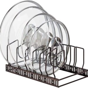 Toplife Adjustable 10+ Pans Organizer Rack + 7+ Lids Organizer Rack + 10+ Bakeware Organizer Rack for Kitchen Cabinet and Counter, Brown