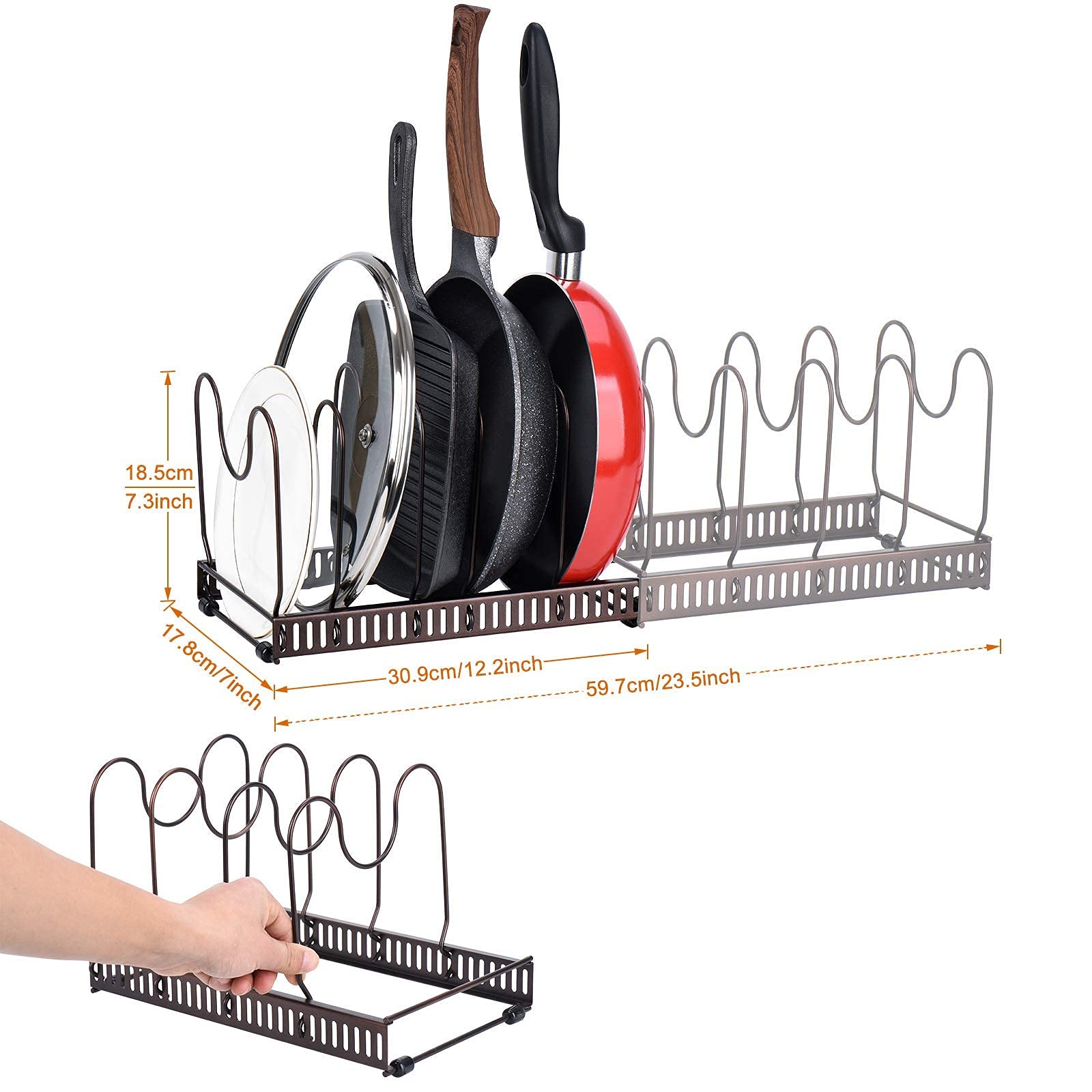 Toplife Adjustable 10+ Pans Organizer Rack + 7+ Lids Organizer Rack + 10+ Bakeware Organizer Rack for Kitchen Cabinet and Counter, Brown