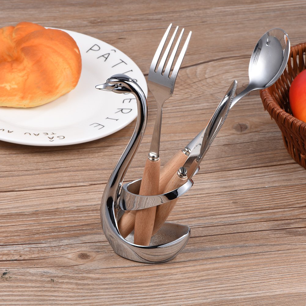Coffee Spoon Set, Silver Swan Base Holder Stainless Steel Dessert Spoon and Fork Set Stand Organizer for Dinner Table Kitchen Decorative (Heart-shaped)