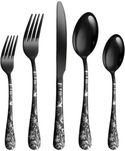 black silverware set for 8 floral stainless steel flatware set unique pattern modern cutlery utensils 40 piece include knives forks and spoons tableware set for home kitchen wedding