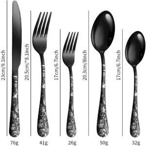 Black Silverware Set for 8 Floral Stainless Steel Flatware Set Unique Pattern Modern Cutlery Utensils 40 Piece Include Knives Forks and Spoons Tableware Set for Home Kitchen Wedding