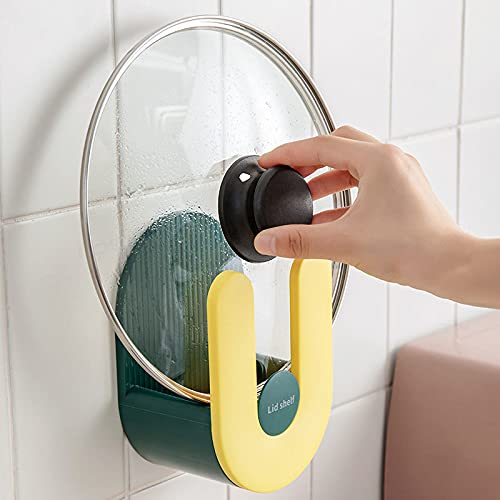 PXLYWLTZL lid pot organizer with drain，Punch-Free wall hanging Cutting Board rack in the Kitchen，pan Lid Organizer Holder Rack，lid holder，lid shelf (Green+Yellow)