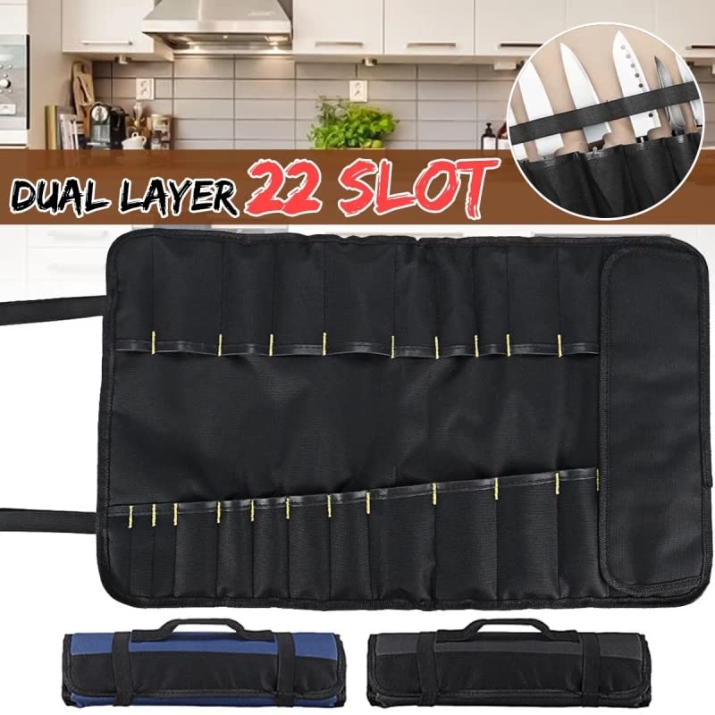 22 Pockets Chef Knife Bag Roll Carry Case Kitchen Portable Durable Storage, Black, 58 cm x 35.3 cm