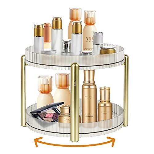 HSSPANFN 360° Rotating Makeup Organizer for Vanity 2 Tier, Large Capacity Cosmetics Storage Vanity Shelf Countertop，Bathroom Make Up Spinning Holder Rack for Brushes, Perfumes, Skincare