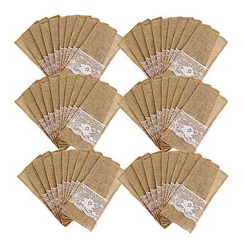 MAKIVI 100Pc Burlap Lace Cutlery Pouch, Wedding Knife Fork Holder Bag Hessian Table Decoration Accessories, for Rustic Wedding Party Bridal Shower Decorations-4 x 8 Inch