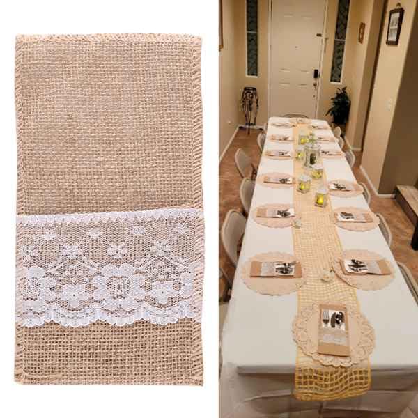 MAKIVI 100Pc Burlap Lace Cutlery Pouch, Wedding Knife Fork Holder Bag Hessian Table Decoration Accessories, for Rustic Wedding Party Bridal Shower Decorations-4 x 8 Inch