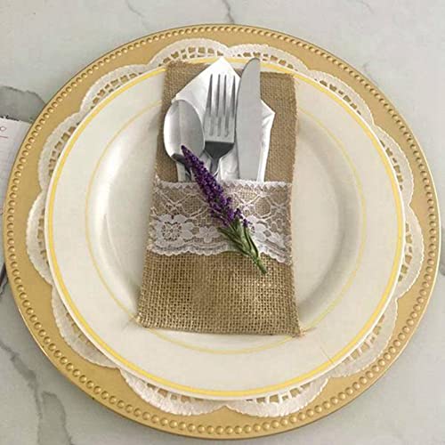 MAKIVI 100Pc Burlap Lace Cutlery Pouch, Wedding Knife Fork Holder Bag Hessian Table Decoration Accessories, for Rustic Wedding Party Bridal Shower Decorations-4 x 8 Inch