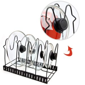 Jumper Joo Expandable Pot and Pan Organizers Rack,5+ Pans and Pots Lid Organizer Rack Holder, Kitchen Cabinet Pantry Bakeware Organizer Rack Holder with 5 Adjustable Compartments (Black)