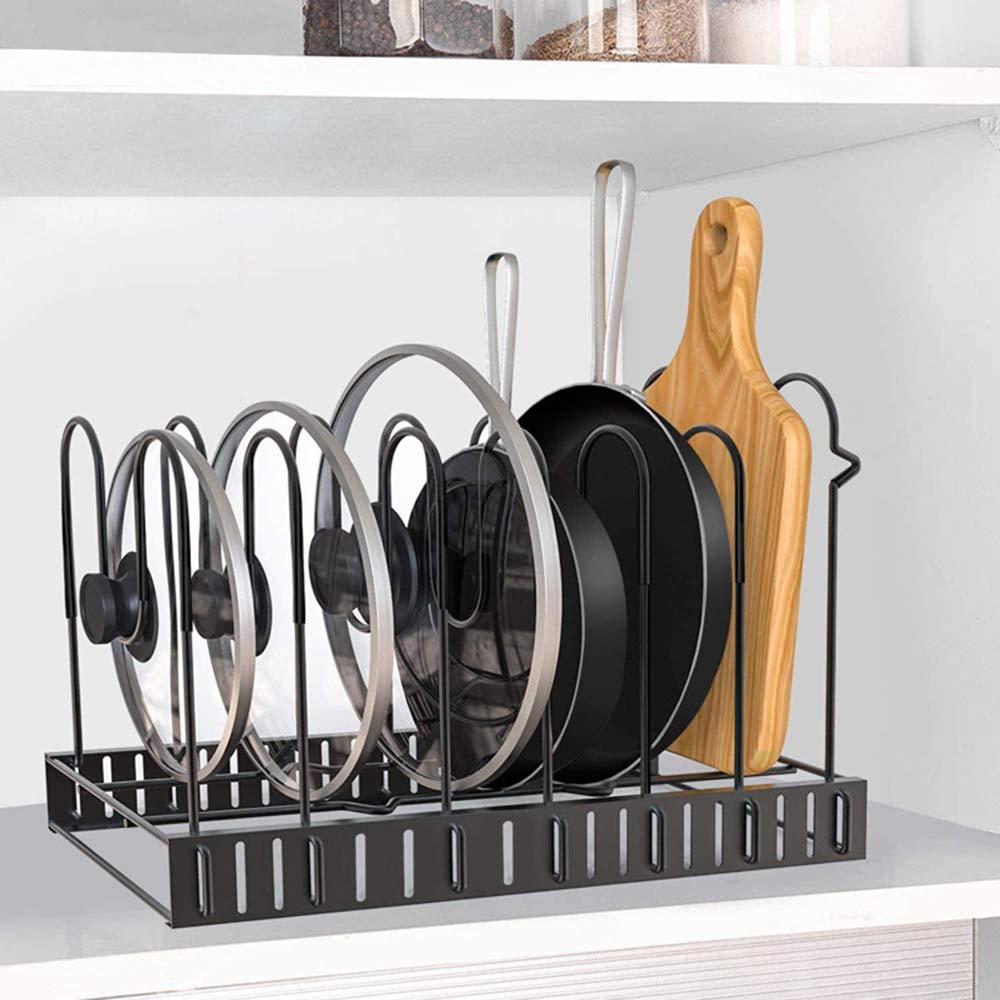 Jumper Joo Expandable Pot and Pan Organizers Rack,5+ Pans and Pots Lid Organizer Rack Holder, Kitchen Cabinet Pantry Bakeware Organizer Rack Holder with 5 Adjustable Compartments (Black)